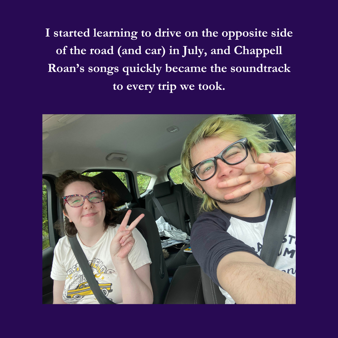 A photo of me and james throwing peace signs in our car. The caption says: I started learning to drive on the opposite side of the road (and car) in July, and Chappell Roan's songs quickly became the soundtrack to every trip we took.