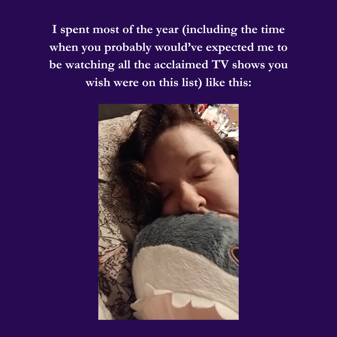 A photo of me, nearly asleep, hugging an Ikea shark in bed. The caption says: "I spent most of the year (including the time you probably would've expected me to be watching all the acclaimed TV shows you wish were on this list) like this.