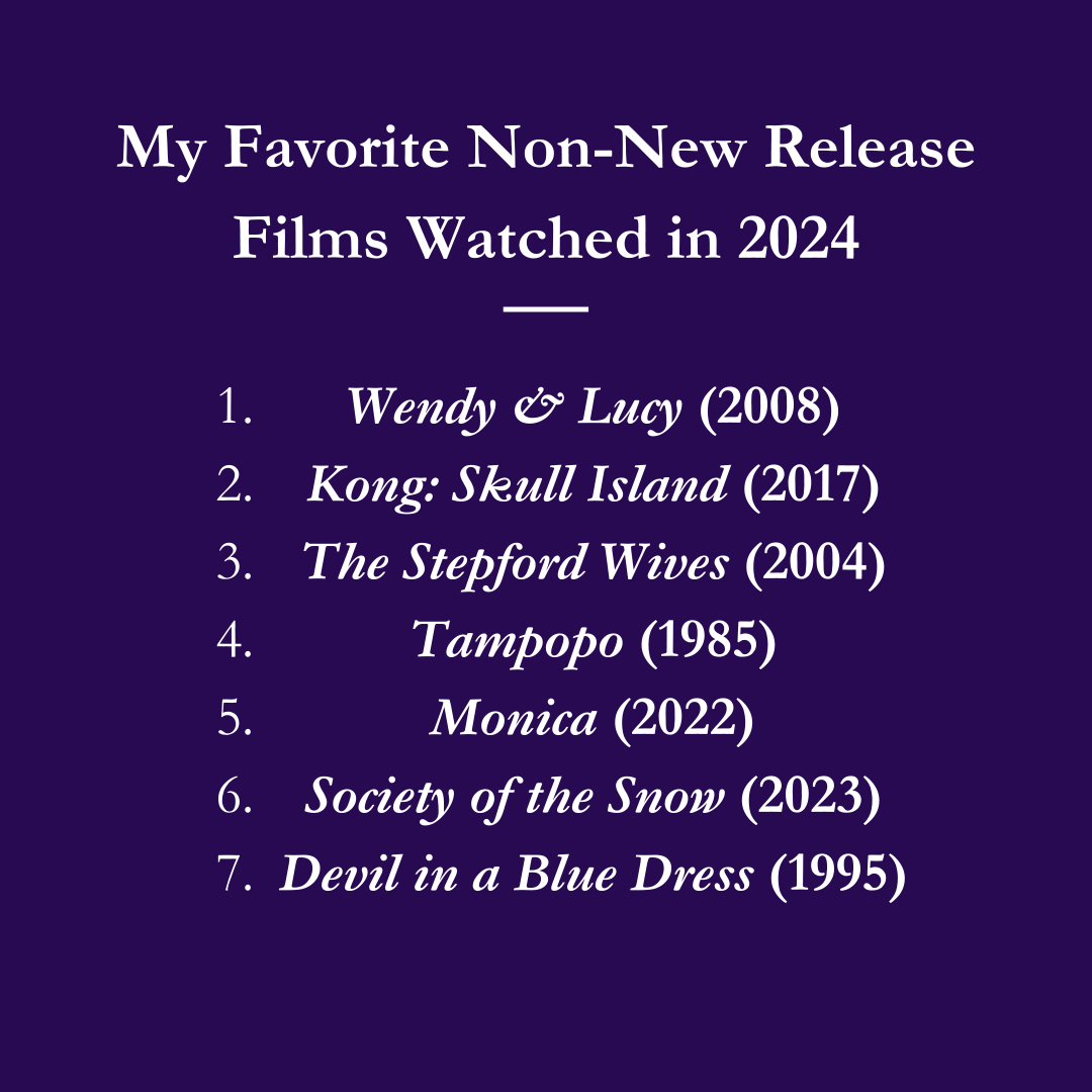 My Favorite Non-New Release Films Watched in 2024: Wendy & Lucy (2008), Kong: Skull Island (2017), The Stepford Wives (2004), Tampopo (1985), Monica (2022), Society of the Snow (2023), Devil in a Blue Dress (1995)