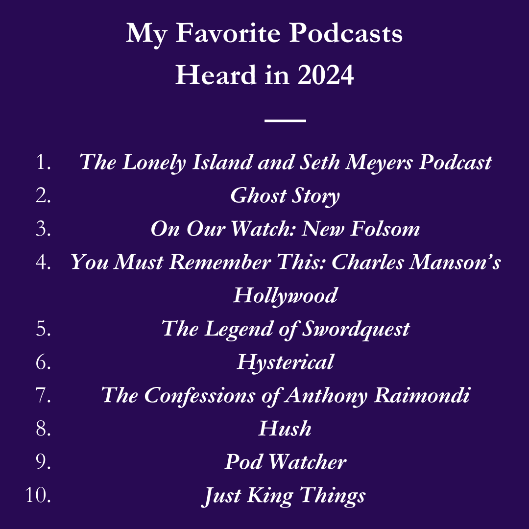 My Favorite Podcasts Heard in 2024: 1. The Lonely Island and Seth Meyers Podcast 2. Ghost Story 3. On Our Watch: New Folsom 4. You Must Remember This: Charles Manson's Hollywood 5. The Legend of Swordquest 6. Hysterical 7. The Confessions of Anthony Raimondi 8. Hush 9. Pod Watcher 10. Just King Things